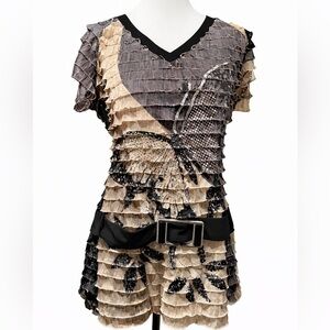 Vintage Frank Lyman Canada Pleated Butterfly Tunic Top Belted - Size 14